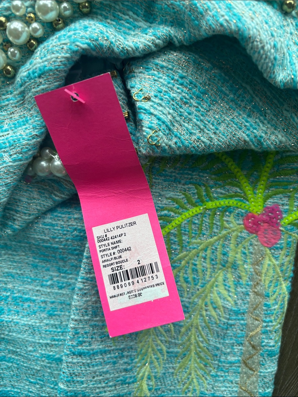 Lilly Pulitzer Aqua Blue Palm Tree Embroidered Shift Dress with Pearl Collar - Picture 4 of 4
